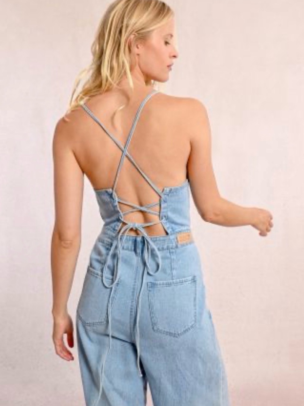 NWT Molly Bracken Light Blue Denim Jumpsuit With Thin Straps Wide Leg Sz L - Picture 3 of 13